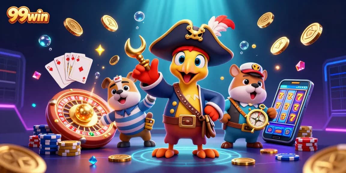 99win spins into action with cartoon pirates amid shimmering casino elements and vibrant treasures.