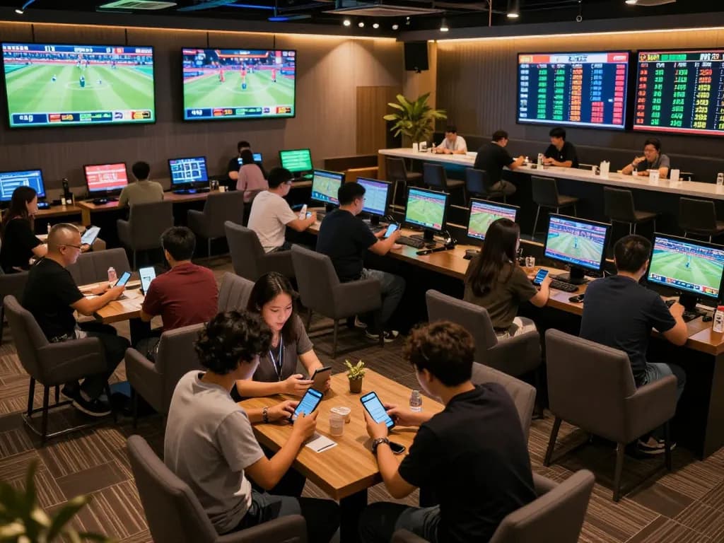 Engaged bettors examining keo nha cai odds in a lively sports betting lounge.