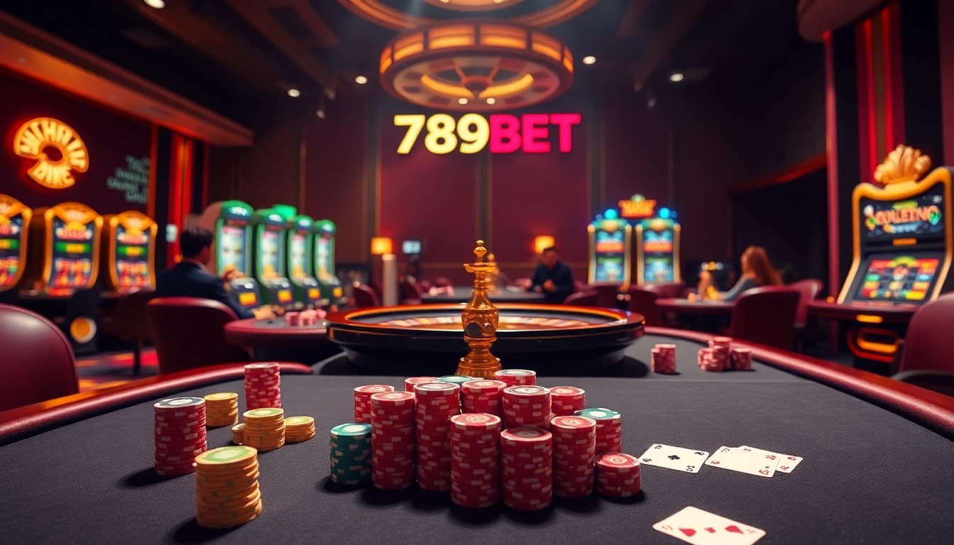 A dynamic casino scene featuring 789BET with players enjoying thrilling games at luxurious tables and vibrant slot machines.