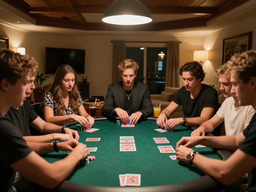 Nohu-themed poker game night capturing friends engaged in strategic play with stacked chips.