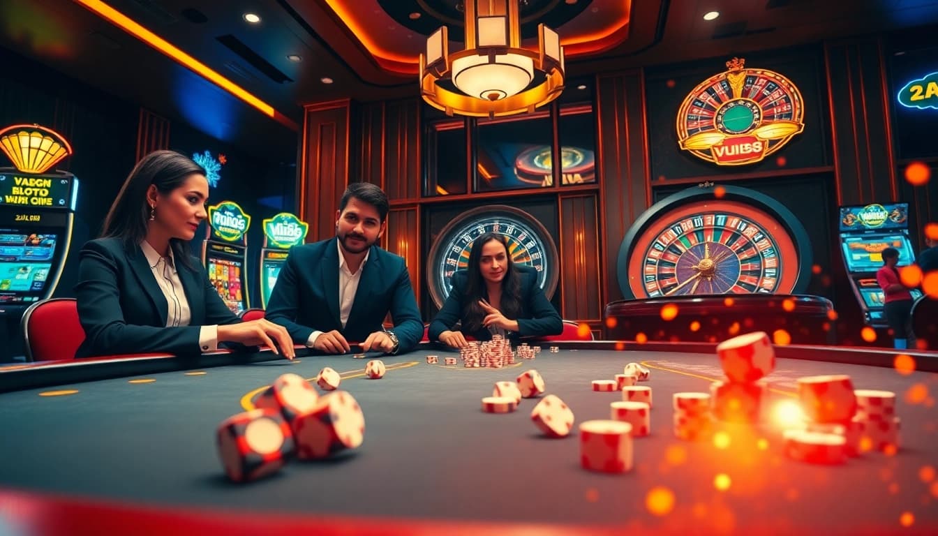Experience high-stakes gaming with VU88 at a luxurious casino table featuring dice, chips, and excitement.