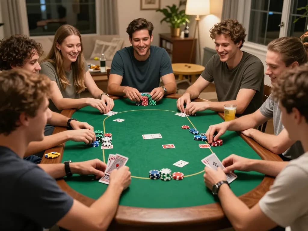 Engaged friends playing poker during a football-themed game night