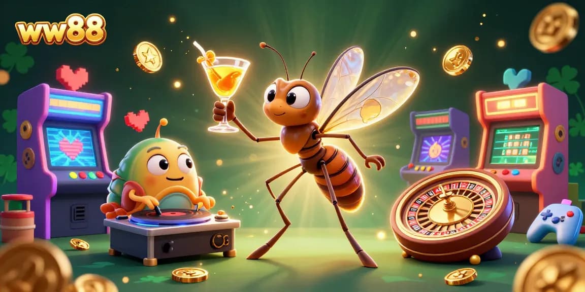 Catch the excitement at ww88 with a lively 3D scene of a casino mascot and DJ, featuring vibrant gaming elements.