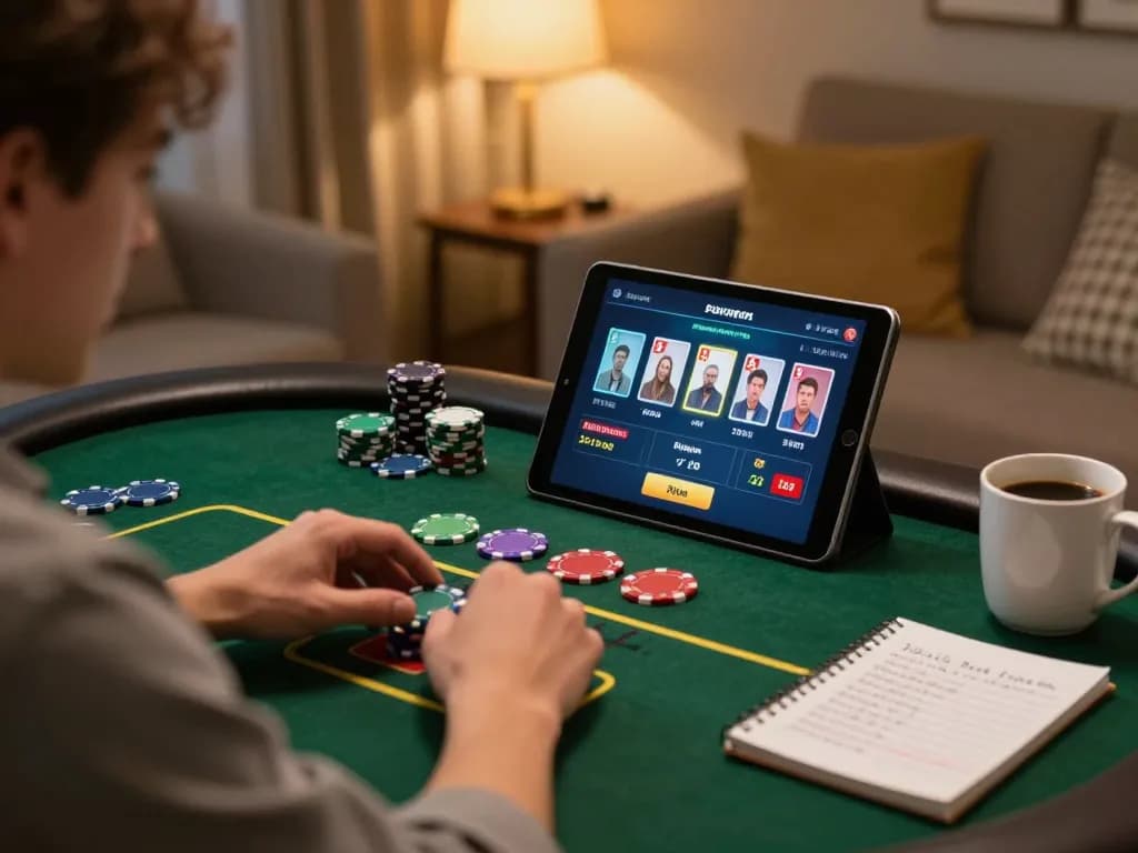 Net88 gaming session with a player in a cozy environment using a tablet for poker strategy.