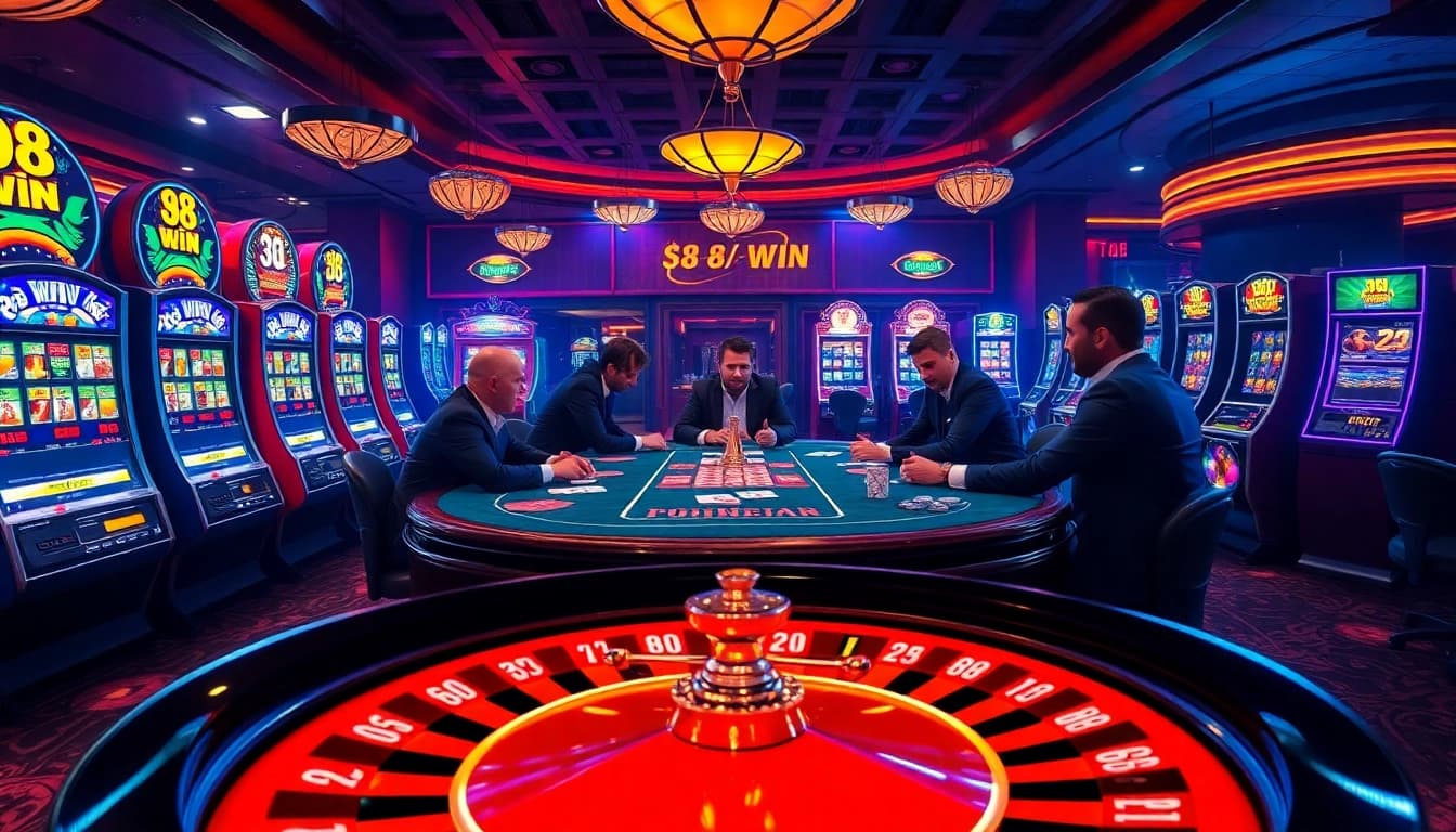 Winning poker action at a high-stakes table in a luxury casino with 98 win atmosphere