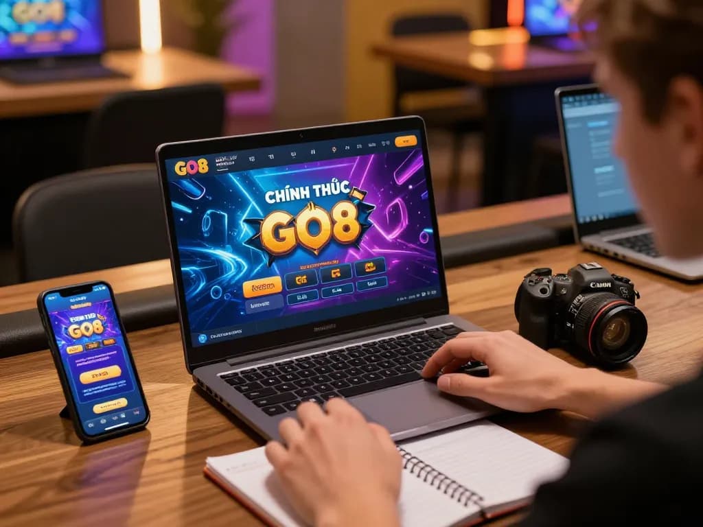Engaging with GO8 CHÍNH THỨC on a laptop showcasing vibrant online gambling elements in a modern gaming setting.