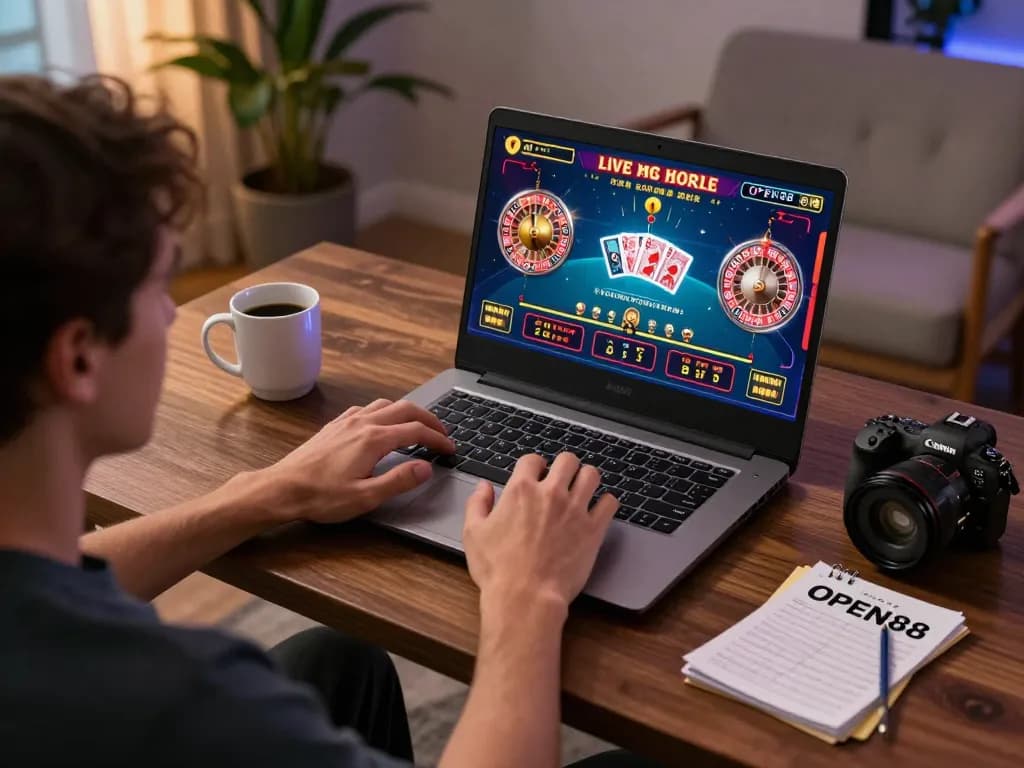Engaged player enjoying OPEN88 live casino games on a laptop in a cozy home setting.