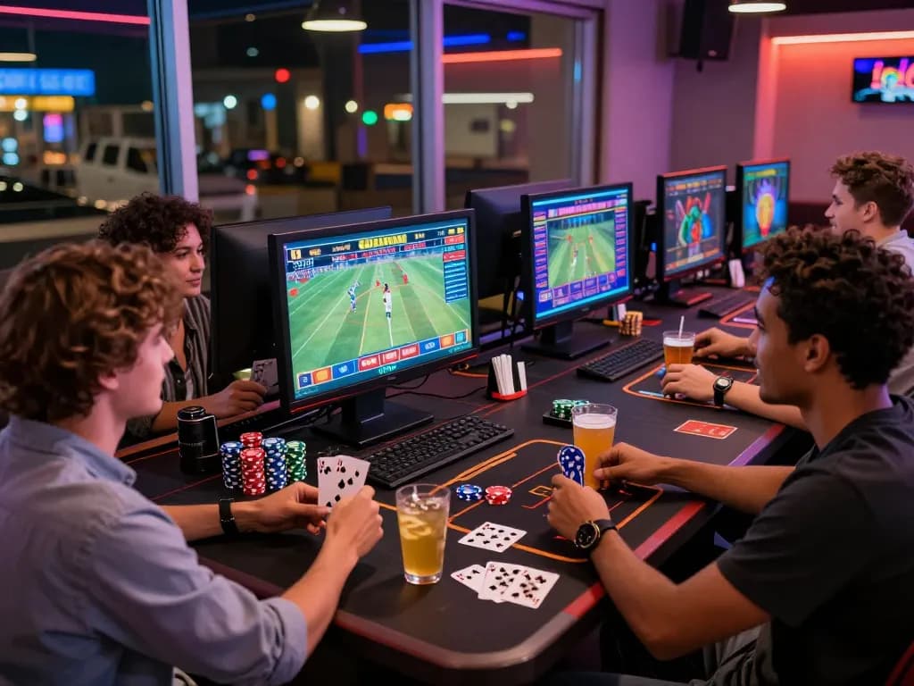 Enjoy engaging online gambling experience at https://789win.ru.com/ with friends around screens displaying live betting and games.