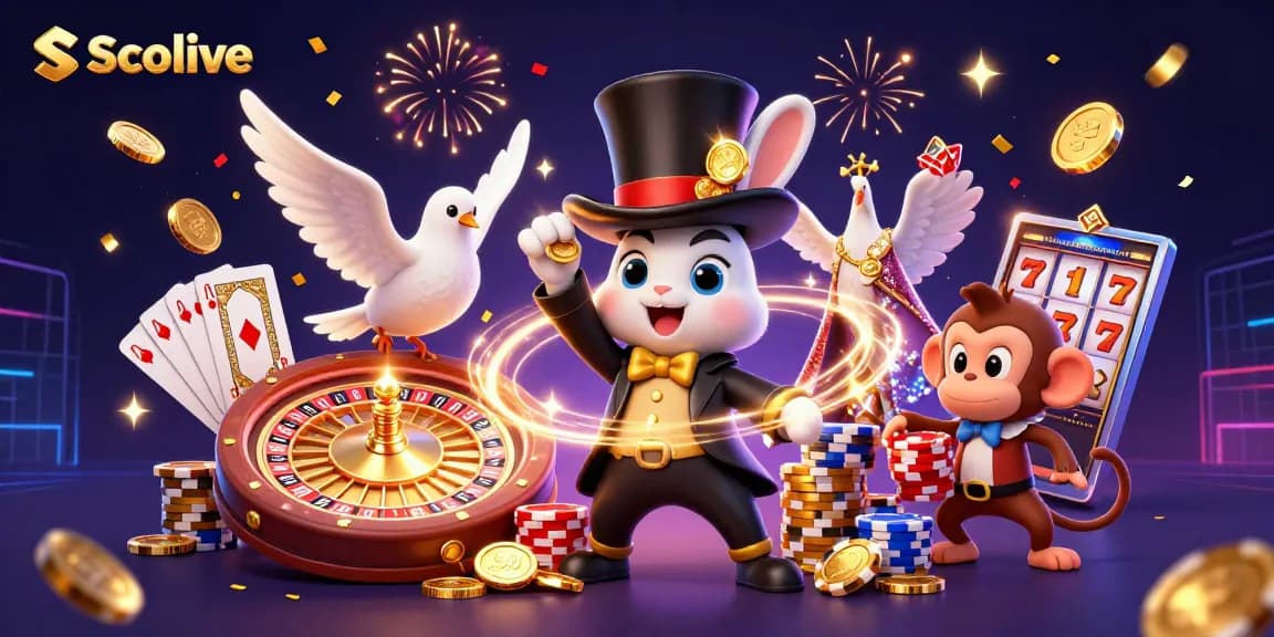 Socolive showcases a vibrant 3D scene with a magician rabbit, sparkling coins, and casino elements in action.