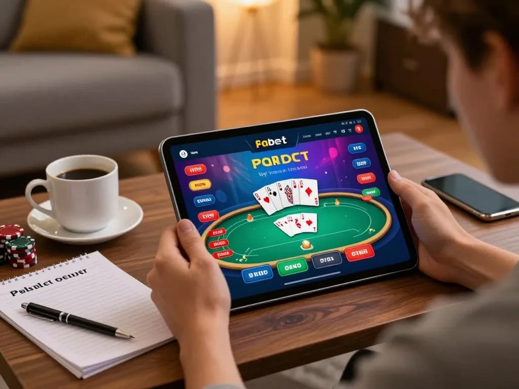 Experience Fabet uy tín while playing poker on a tablet in a cozy living room