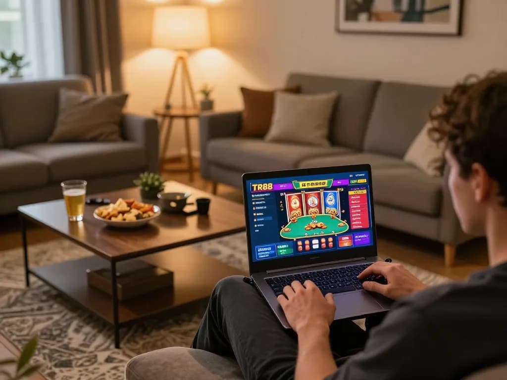 Engaging TR88 online gaming moment with a player focused on digital casino interface at home.