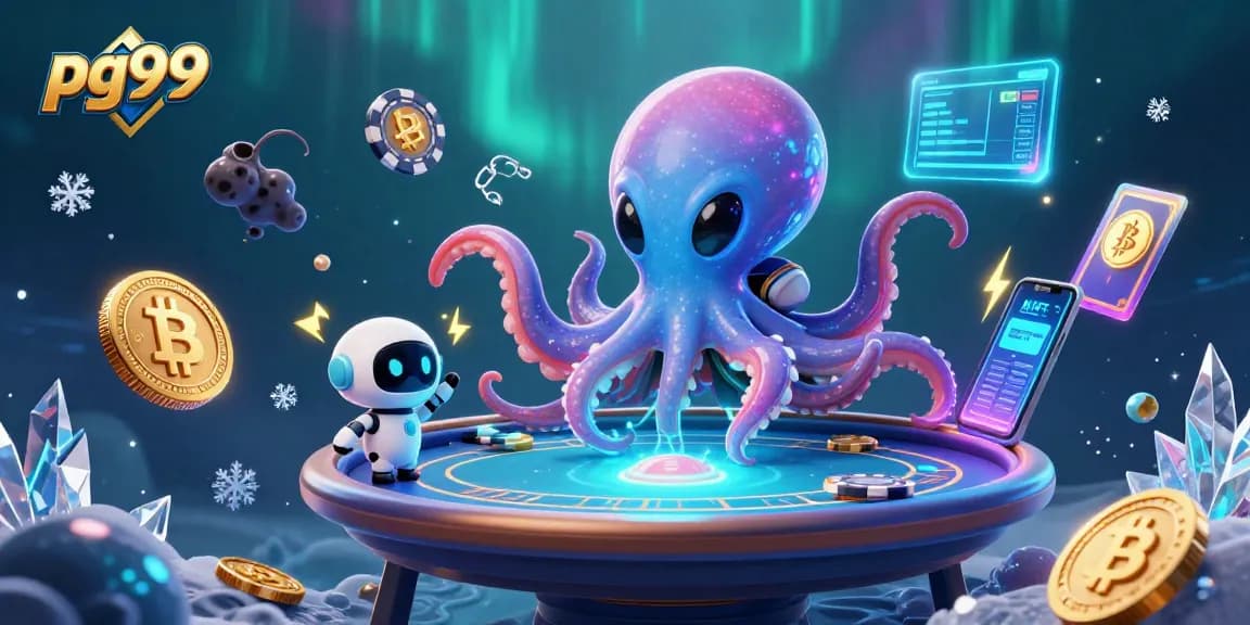 Engage with exciting gameplay at pg99, featuring an alien octopus at a holographic poker table with floating coins.