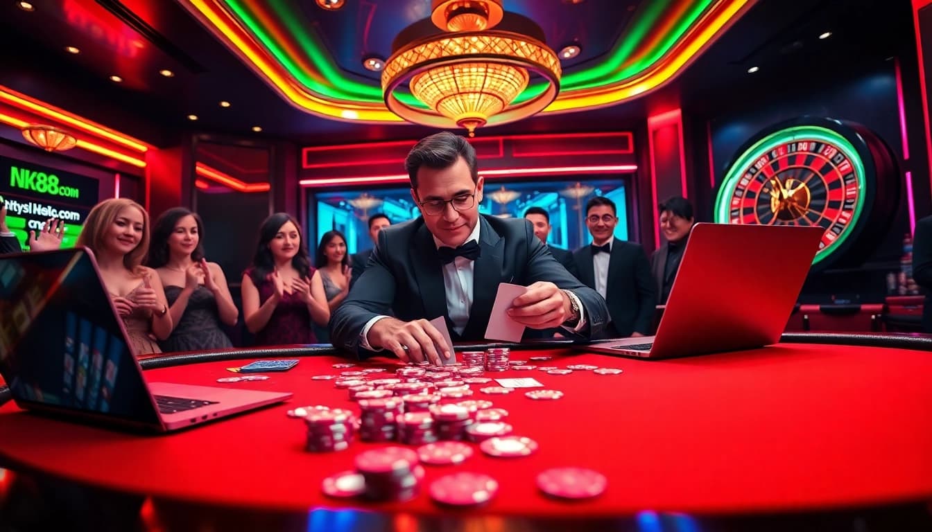 Join the thrilling action at https://nk88top.com/ with players strategizing at a poker table.