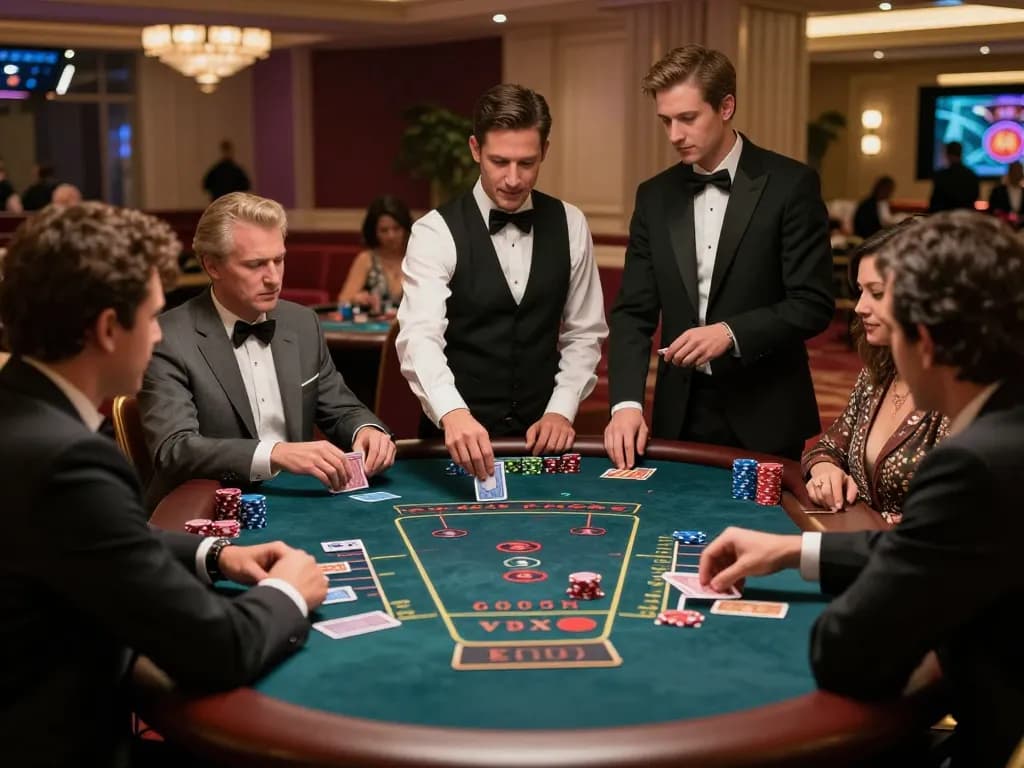Players engaging in blackjack at sc88 table with dealer managing cards in upscale Vegas casino