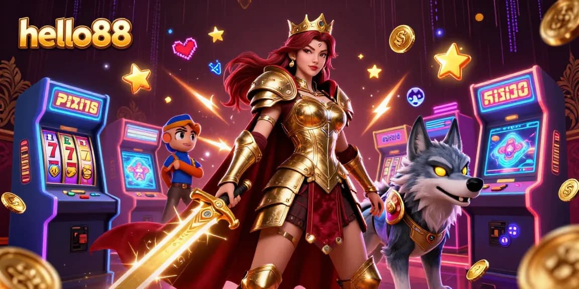 Play thrilling games at hello88 with a warrior queen and armored wolf surrounded by vibrant casino elements.