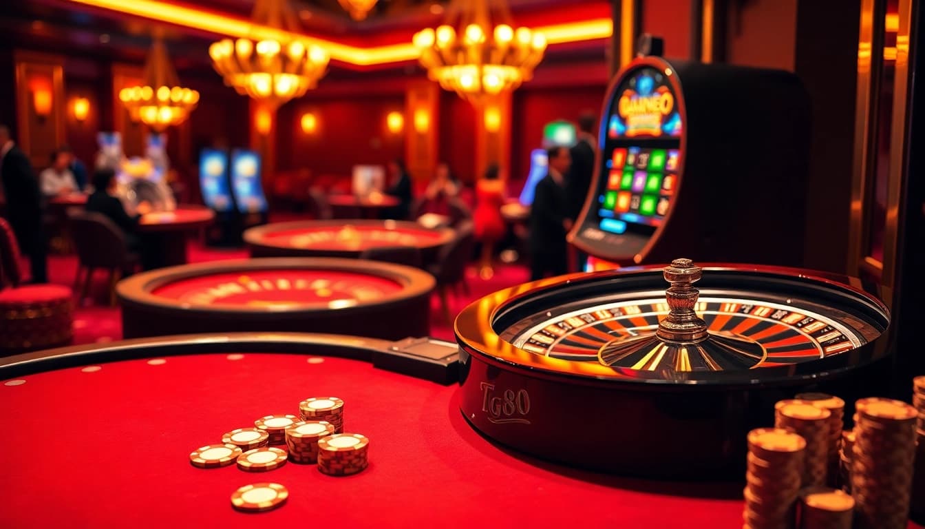 Engaging players at a TG88 casino table with vibrant poker chips and a roulette wheel.