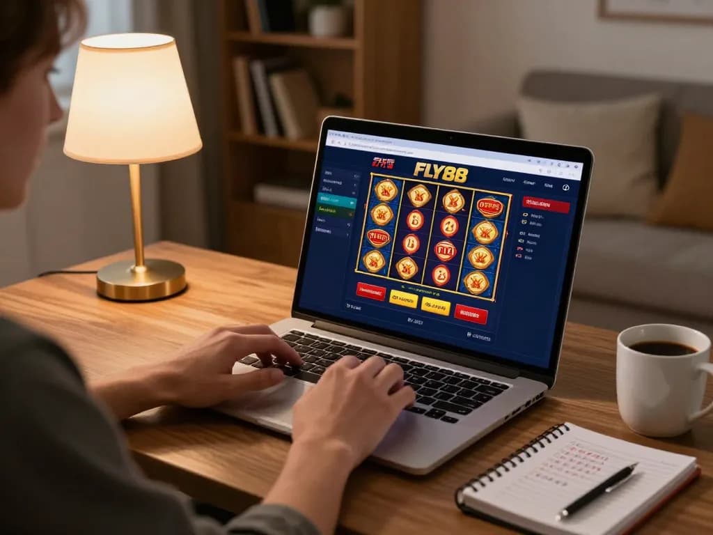 FLY88 player enjoying an online casino experience with vibrant game interface in a cozy setting.