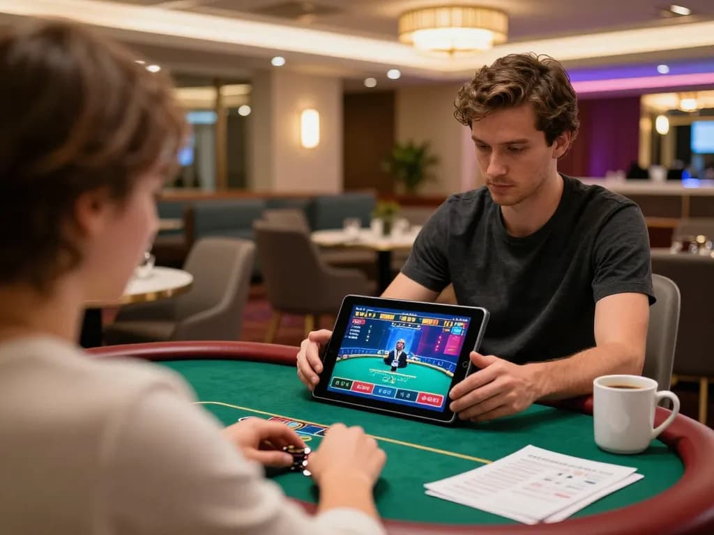 Player engaging in online poker at LV88's platform, with strategy notes and warm lighting.