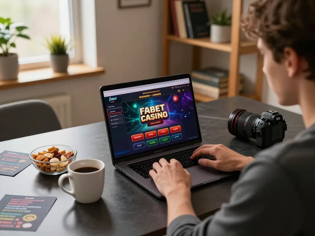 Engaging in strategic online gambling at fabet casino website on a laptop in a cozy home office.