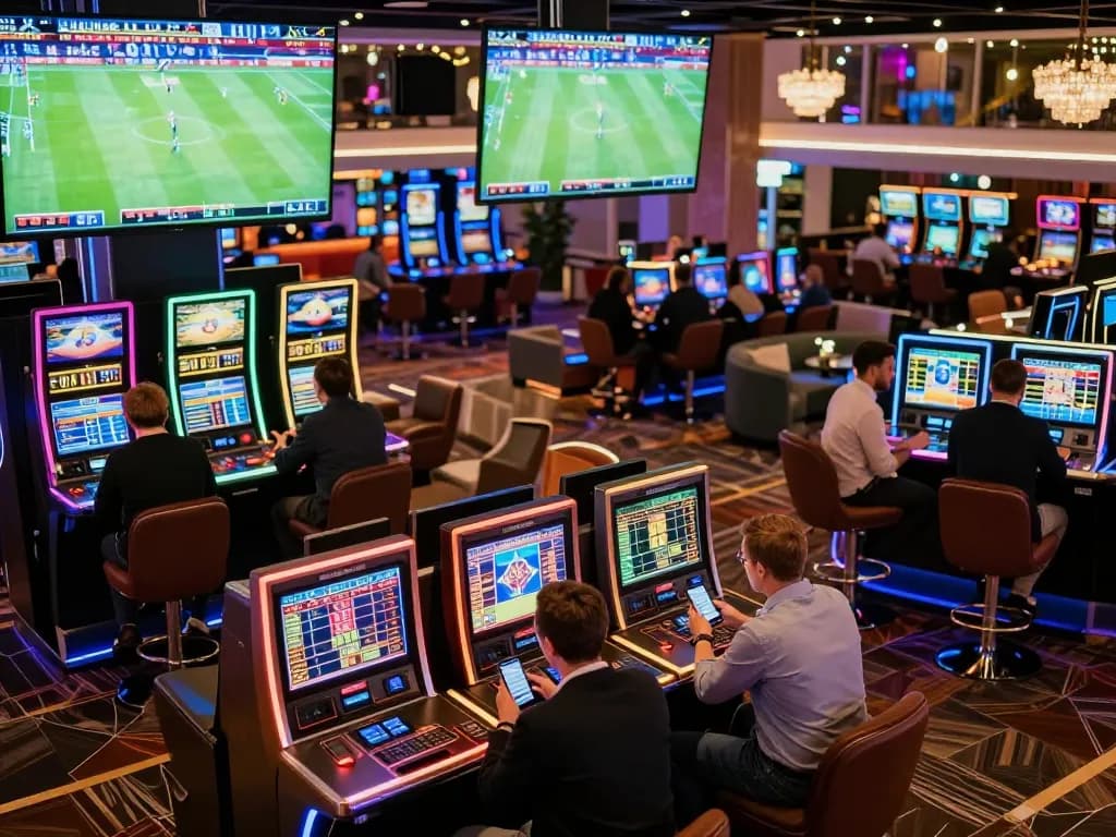 Engaged bettors analyzing odds for trực tiếp bóng đá châu âu at a lively sports betting lounge.