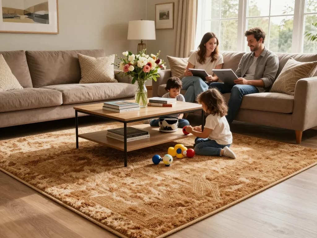Cozy living room with affordable carpets London, family enjoying leisure time on plush carpet.