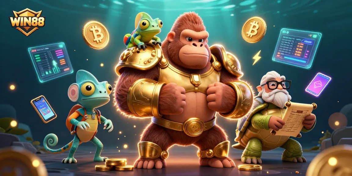 WIN88 players enjoying a vibrant casino scene with a powerful gorilla and a wise tortoise, surrounded by crypto elements.