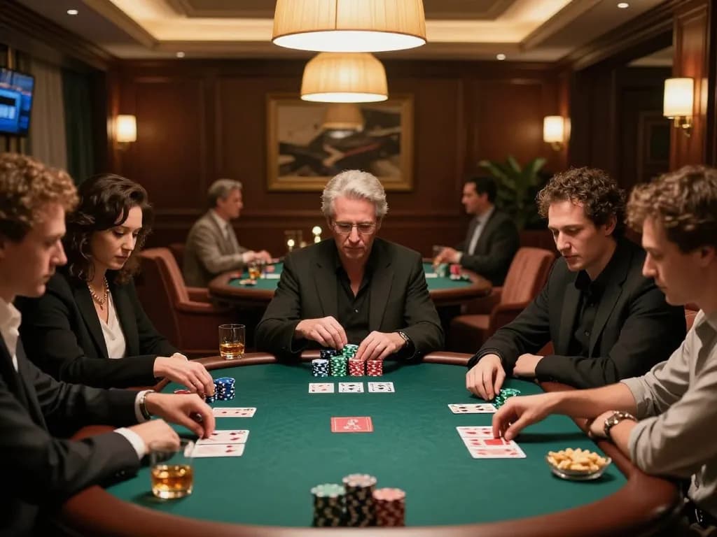 sin88 poker players engaged in a high-stakes game with chips and cards visible in an elegant setting