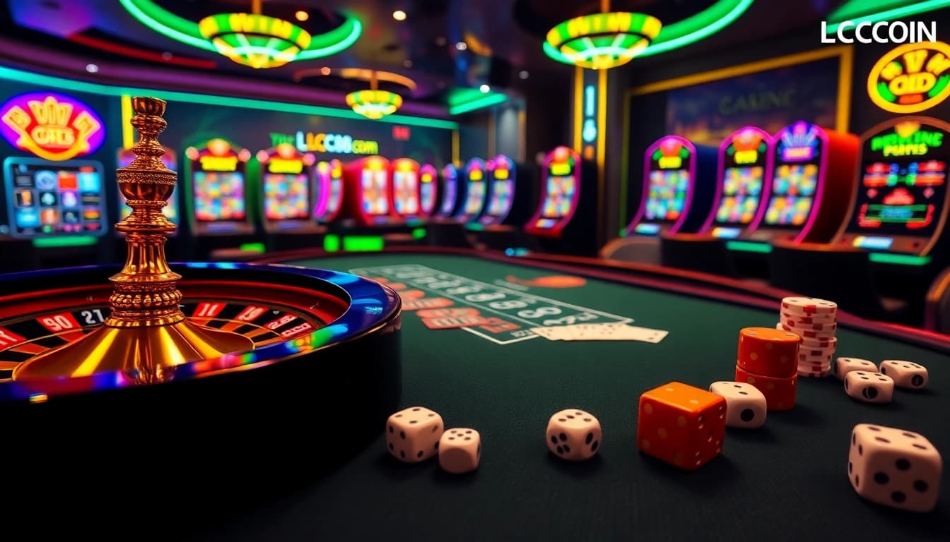 Experience the thrill of online gaming at LC88.COM with a vibrant casino scene featuring roulette and poker tables.