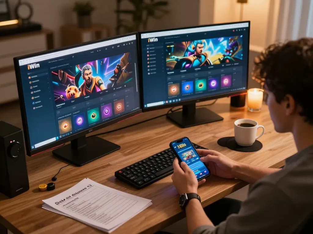 Engaging online gaming experience with iwin club on dual monitors and mobile betting.