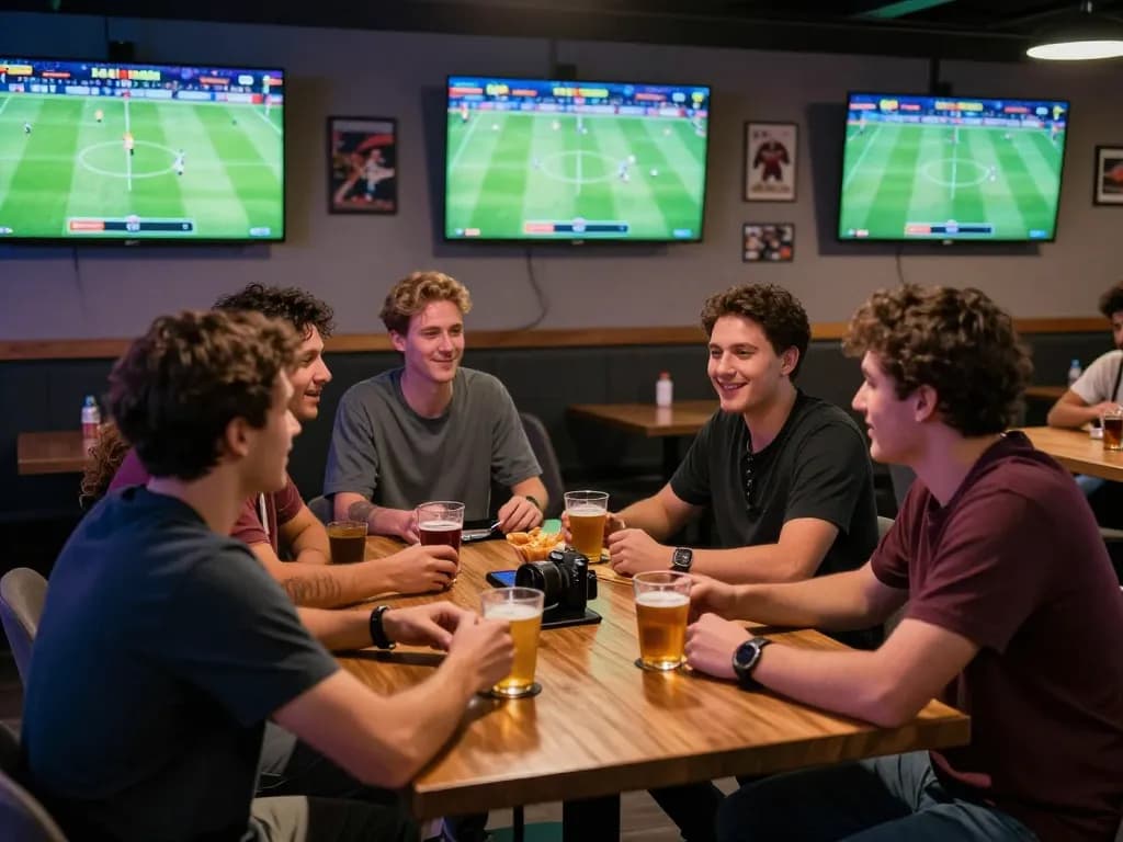 Friends enjoying sports betting while watching football matches at a lounge for footballl enthusiasts