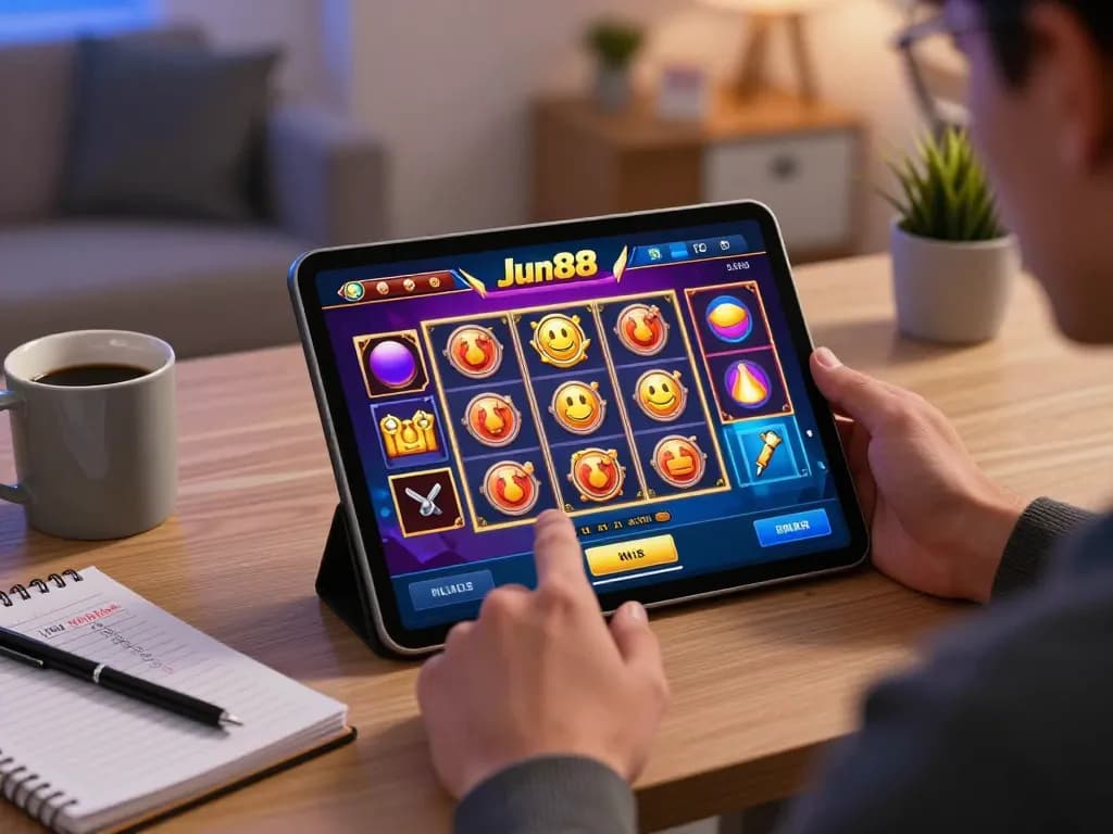 Engaging with the Jun88 casino app on a tablet, showcasing vibrant slot graphics in a cozy home setting.