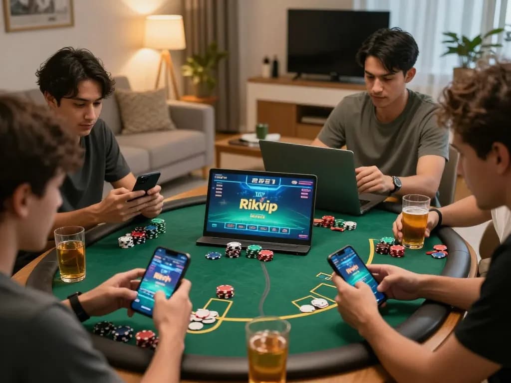 Rikvip players strategizing in an engaging online gaming session in a cozy home atmosphere.