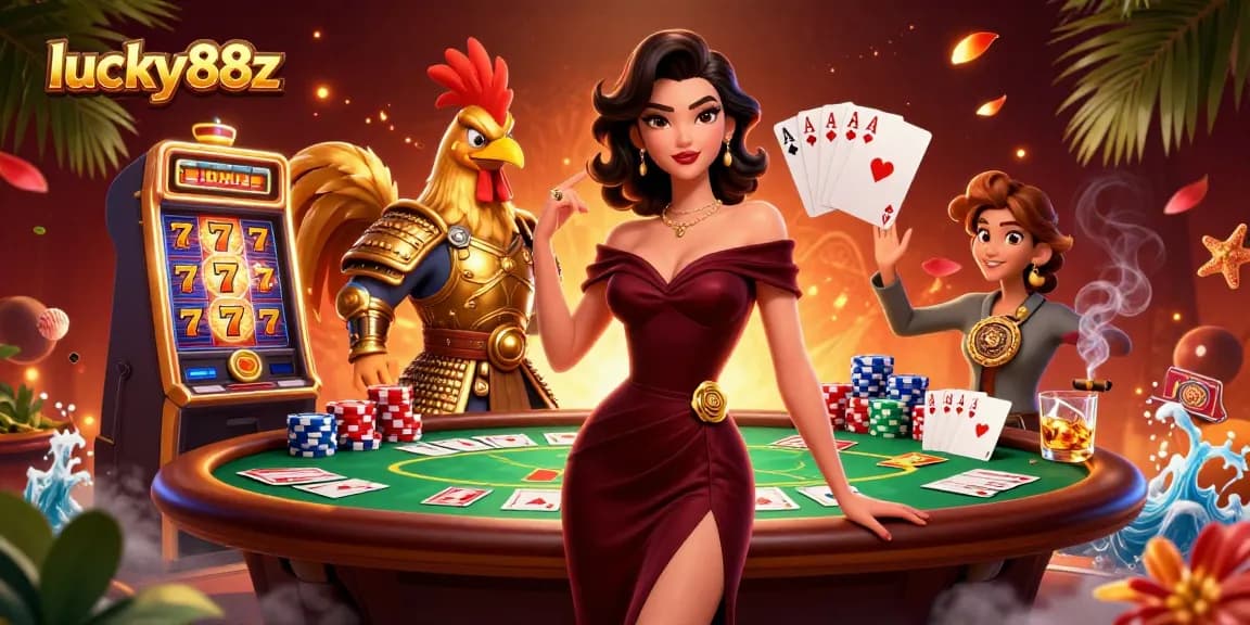 Engage with lucky88z in a vibrant 3D casino scene featuring glamorous characters and dynamic gameplay elements.