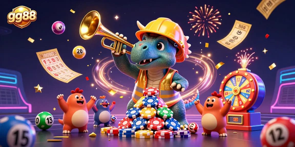 Celebrate with gg88 as colorful lottery elements and cheerful dinosaurs fill the vibrant casino scene.