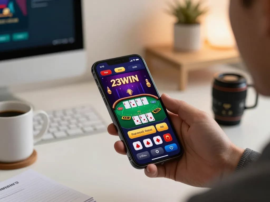 Engage with dynamic mobile gambling using the 23WIN app at home, placing strategic bets on blackjack.