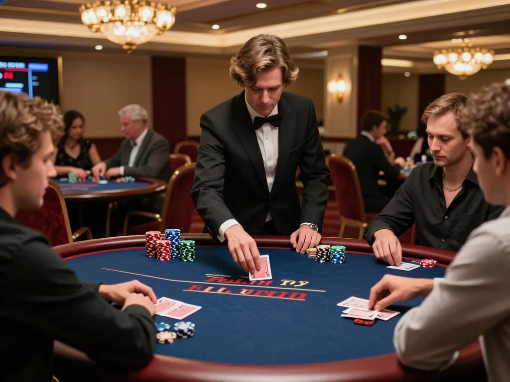 Experience top game bài đổi thưởng at a luxury poker table with engaged players in an elegant casino.