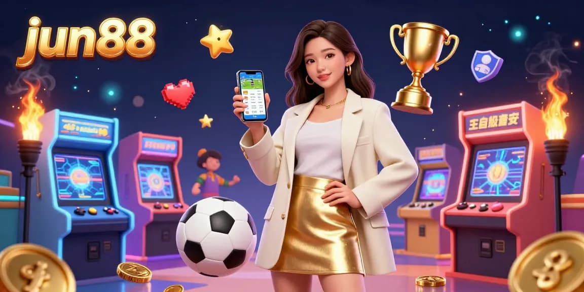 Experience thrilling sports betting at jun88 with a stylish Asian woman holding a betting app amid gaming elements.
