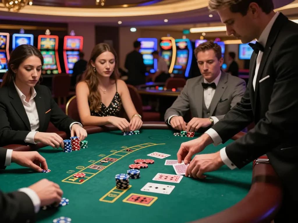 Players strategizing their bets at the sunwin blackjack table in a vibrant casino atmosphere.
