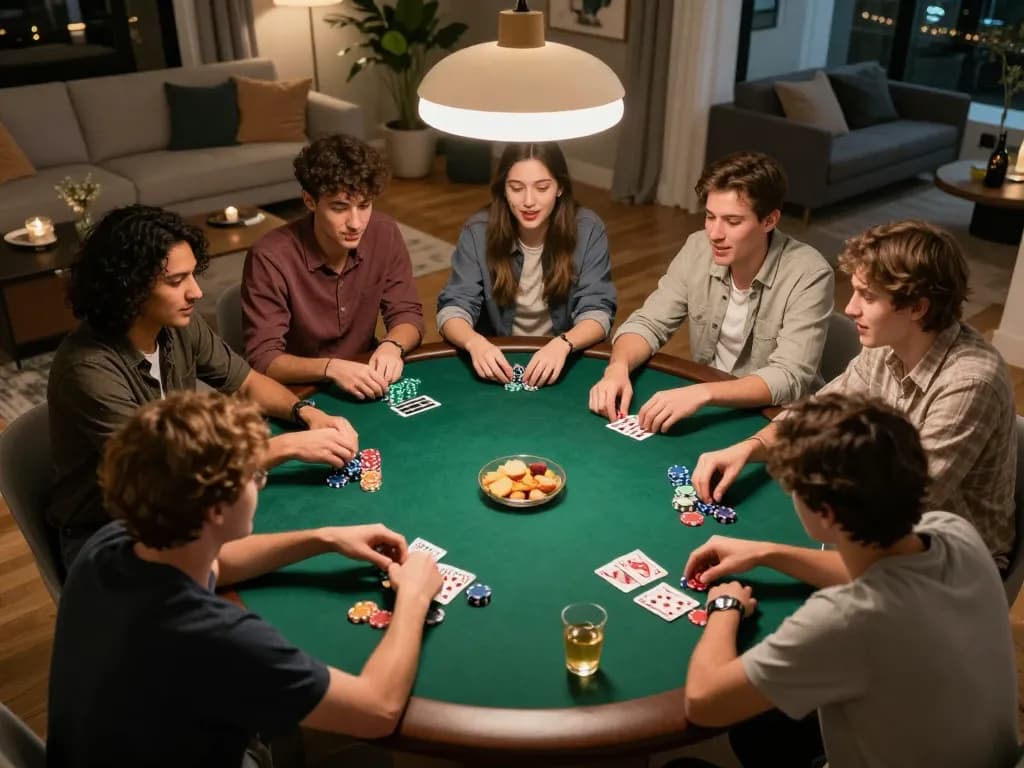 Lô Đề Uy Tín players engaging in a friendly poker night at home.