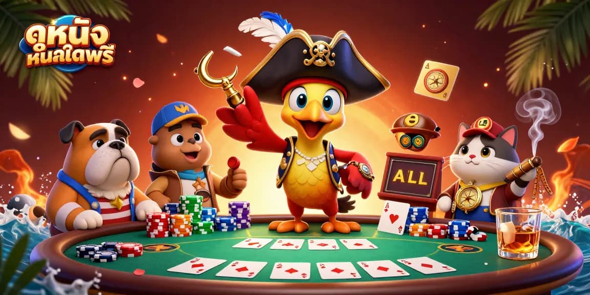Spinning the excitement of ดูหนังออนไลน์ฟรี with cards and chips in a rich casino scene.