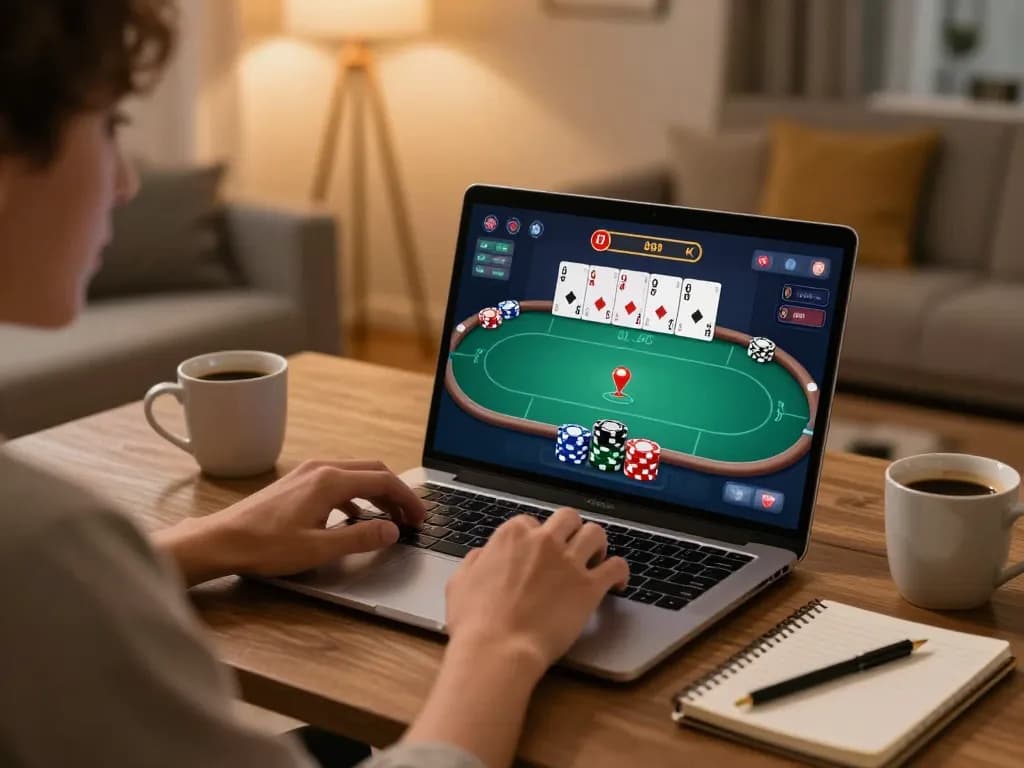 Engaged player on laptop gaming at home, exploring uu88 online platform with poker interface.