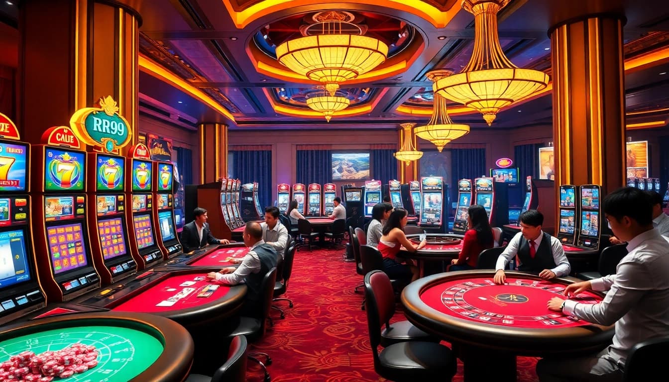 Experience exciting gaming at https://rr9988.net/ with vibrant scenes of slot machines and engaged players.