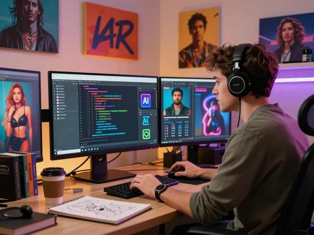 Creative artist developing AI porn imagery in a vibrant digital studio.
