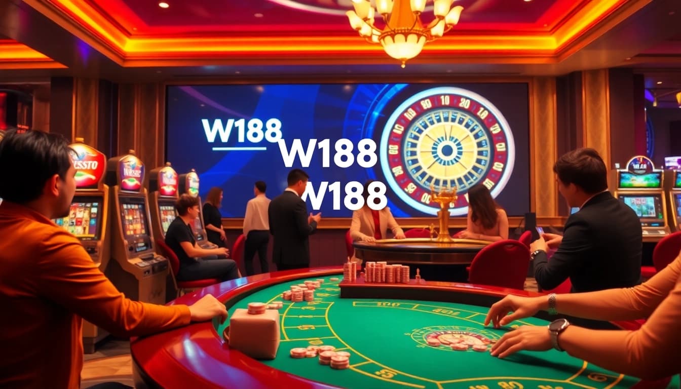 Players enjoying high-stakes action at W188 casino tables with vibrant chips and slot machines.