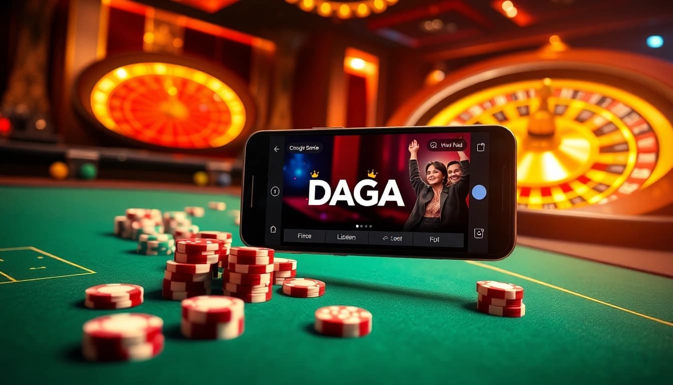 Experience excitement with DAGA's online gaming interface featuring poker chips and a roulette wheel.