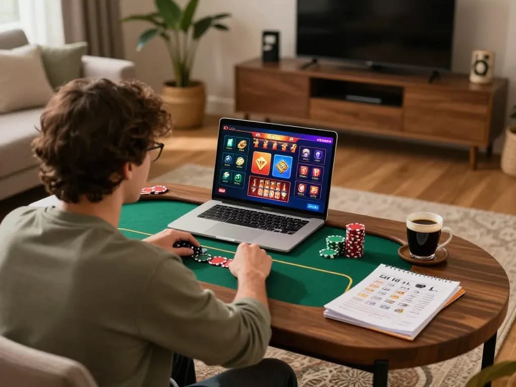 Player engaging with 99ok online poker on a laptop while reviewing strategy notes in a cozy home setting.