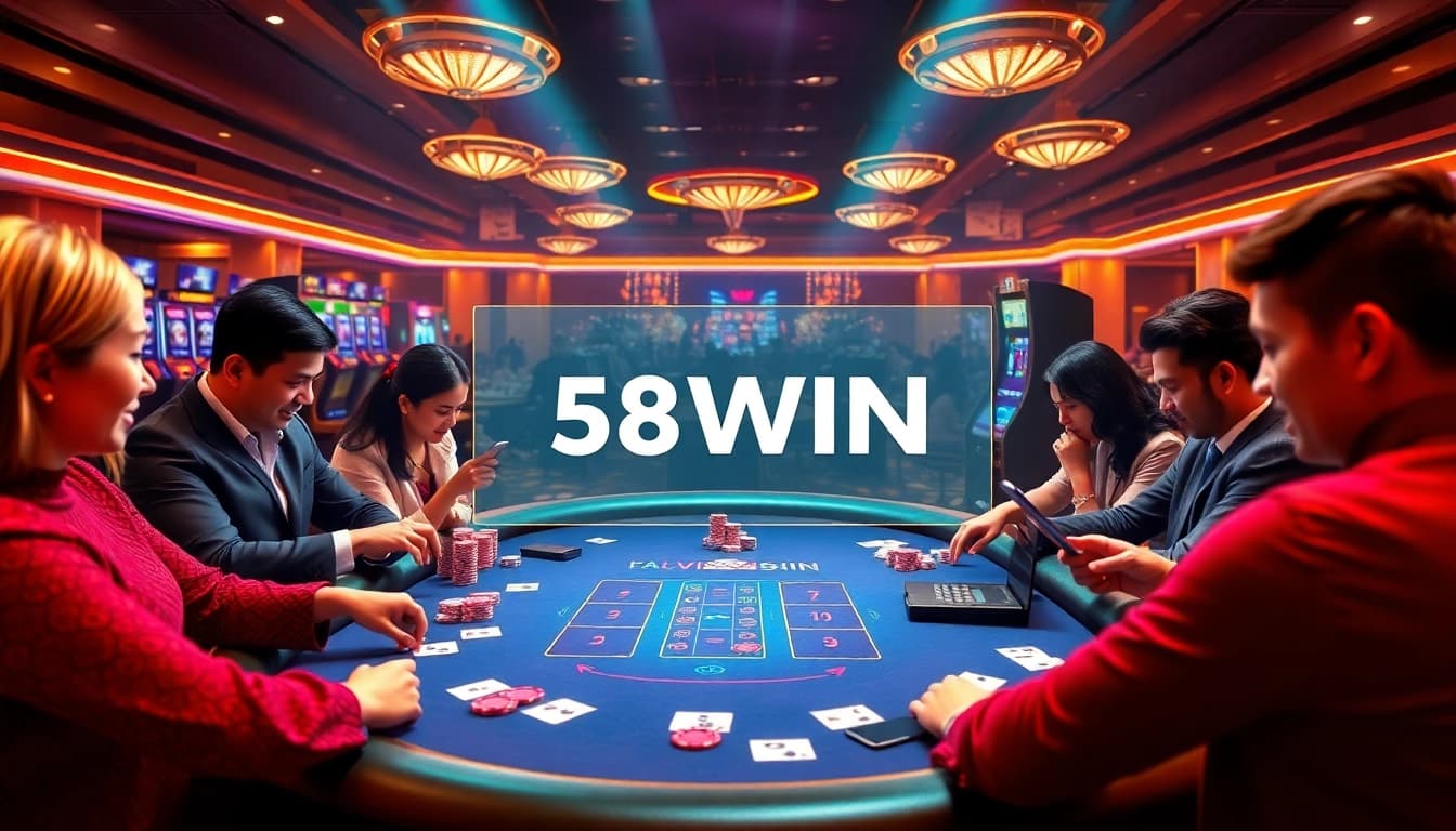 Players enjoying high-stakes poker at 58WIN, with vibrant casino elements enhancing the excitement.