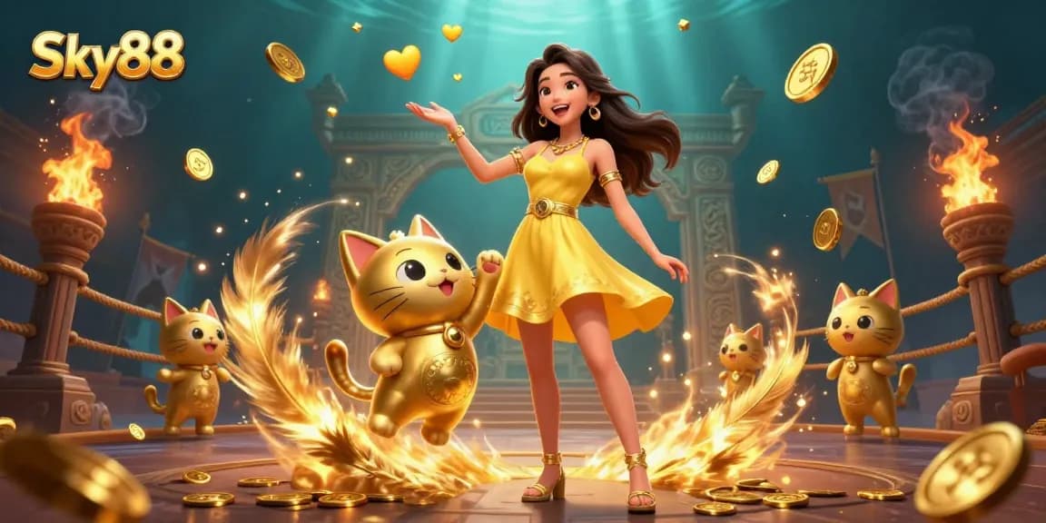 Bet on success with Sky88, a vibrant 3D illustration showcasing an Asian woman and a lucky cat amid casino elements.