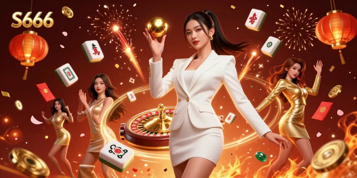 S666 casino illustration showcasing a stylish Asian woman with a golden roulette ball, surrounded by festive gaming elements.