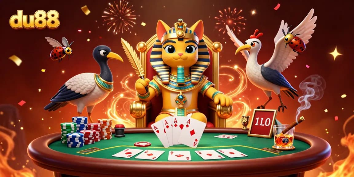 Engage with du88's vibrant casino scene featuring a pharaoh cat, dynamic poker table, and celebratory visuals.